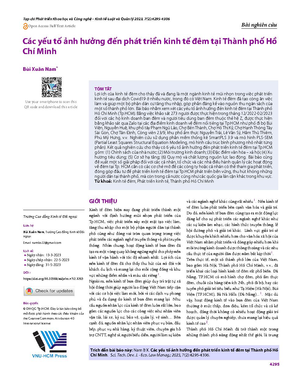Các yếu tố ảnh hưởng đến phát triển kinh tế đêm tại Thành phố Hồ Chí Minh = Factors affecting night economy development in Ho Chi Minh City
