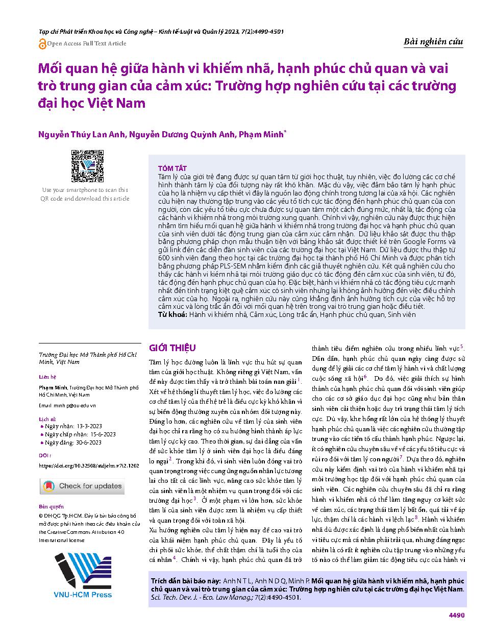 Mối quan hệ giữa hành vi khiếm nhã, hạnh phúc chủ quan và vai trò trung gian của cảm xúc: Trường hợp nghiên cứu tại các trường đại học Việt Nam = Relationship between incivility behavior, subjective well-being and the mediating role of emotions: A case st