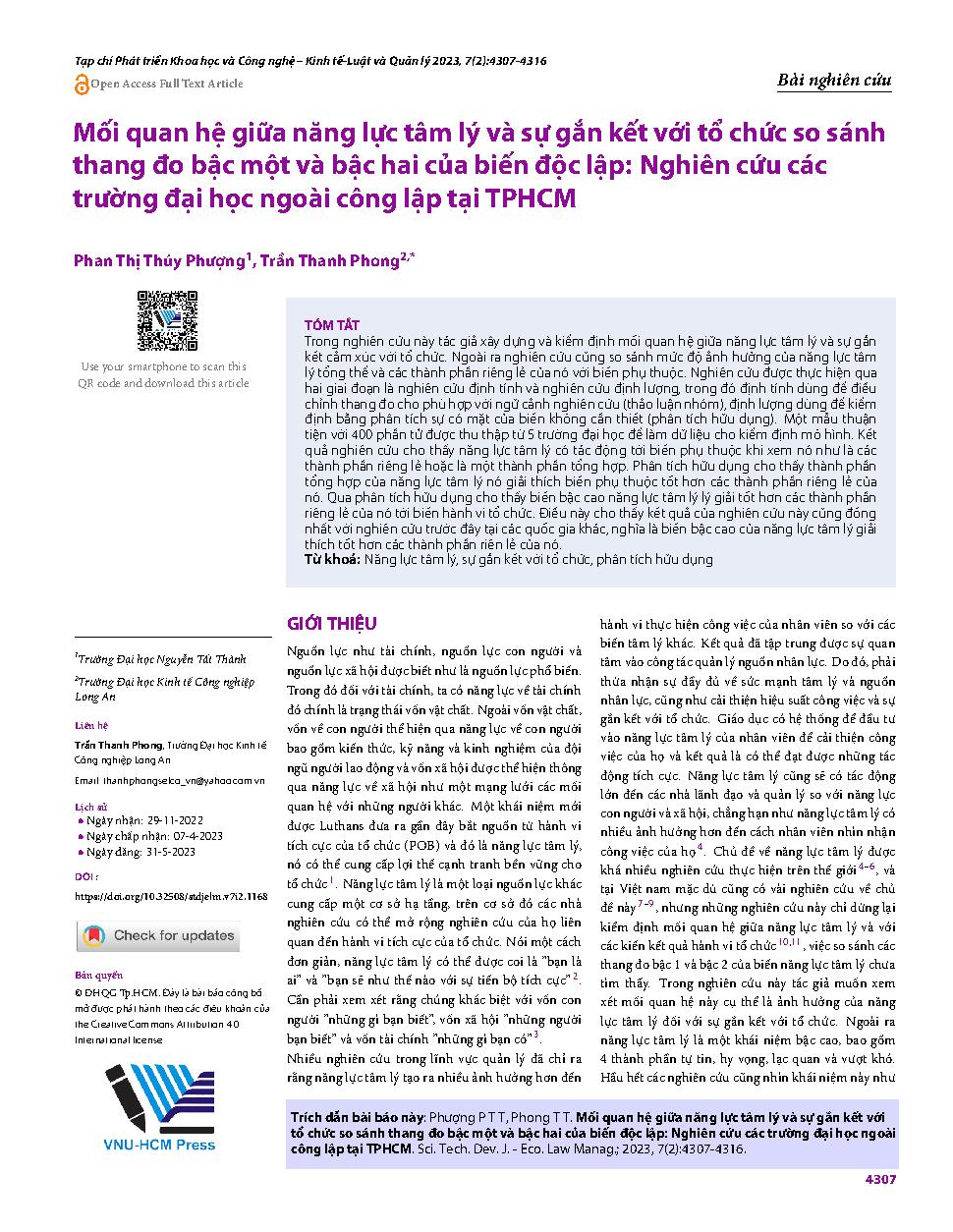 Mối quan hệ giữa năng lực tâm lý và sự gắn kết với tổ chức so sánh thang đo bậc một và bậc hai của biến độc lập: Nghiên cứu các trường đại học ngoài công lập tại TP. Hồ Chí Minh = Relationship between psychological capital and organizational commitment - 