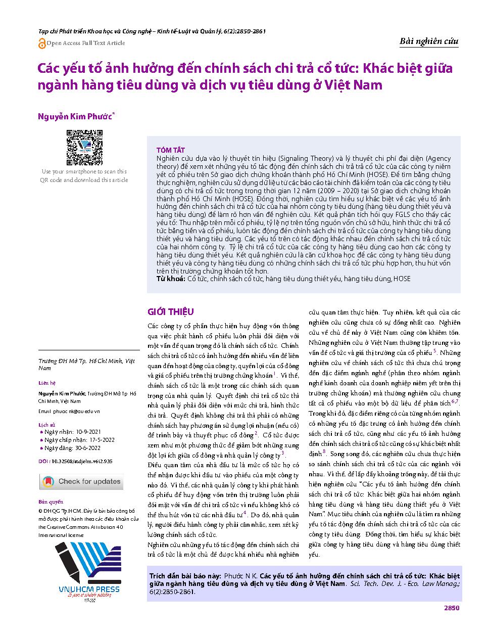 Các yếu tố ảnh hưởng đến chính sách chi trả cổ tức: Khác biệt giữa ngành hàng tiêu dùng và dịch vụ tiêu dùng ở Việt Nam = Factors affecting dividend payment policy: Differences between consumer goods and consumer staples in Vietnam
