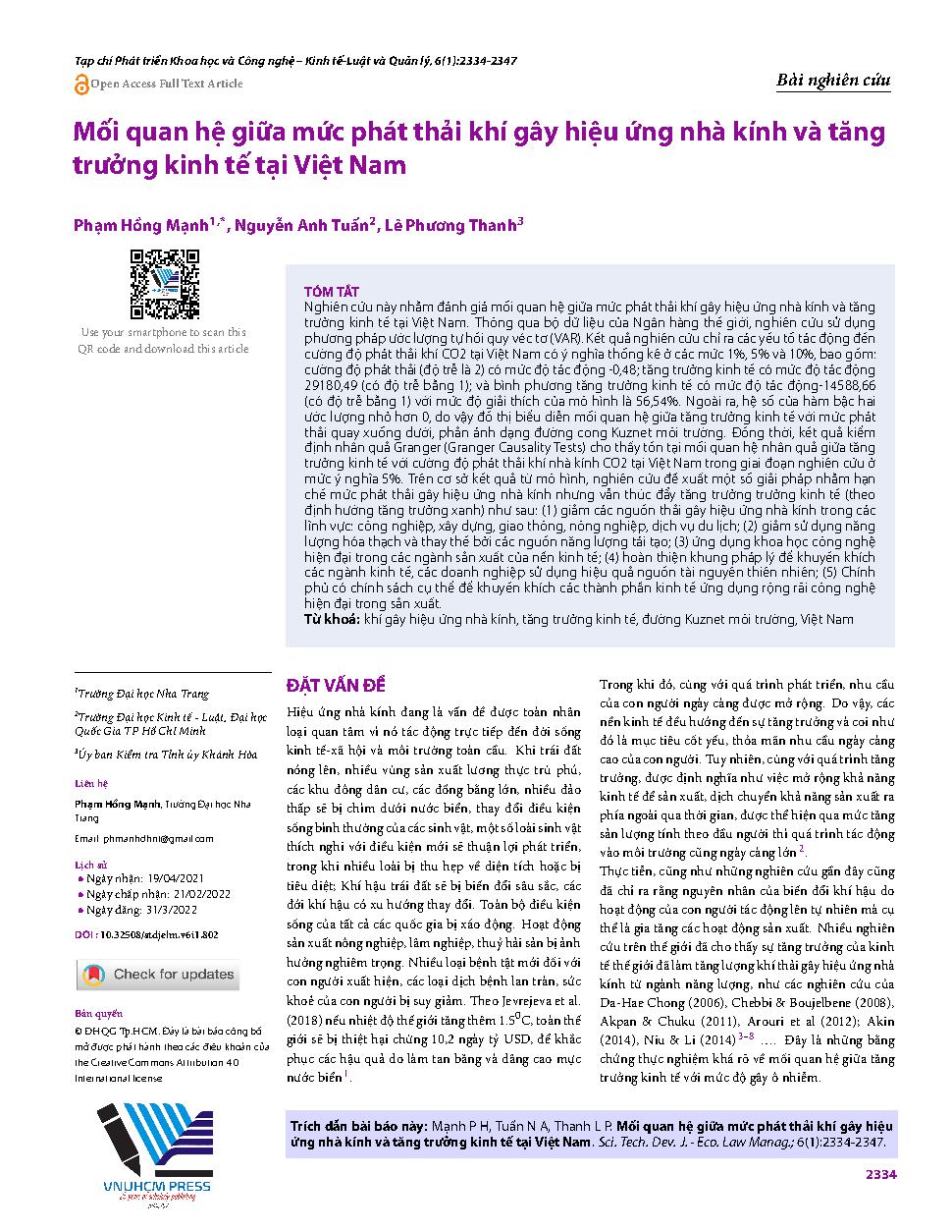 Mối quan hệ giữa mức phát thải khí gây hiệu ứng nhà kính và tăng trưởng kinh tế tại Việt Nam = The relationship between ghg emissions and economic growth in Vietnam