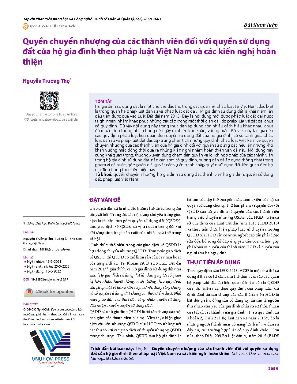 Quyền chuyển nhượng của các thành viên đối với quyền sử dụng đất của hộ gia đình theo pháp luật Việt Nam và các kiến nghị hoàn thiện = Transfer rights of members to the households using land according to Vietnamese law, recommendations for improvement