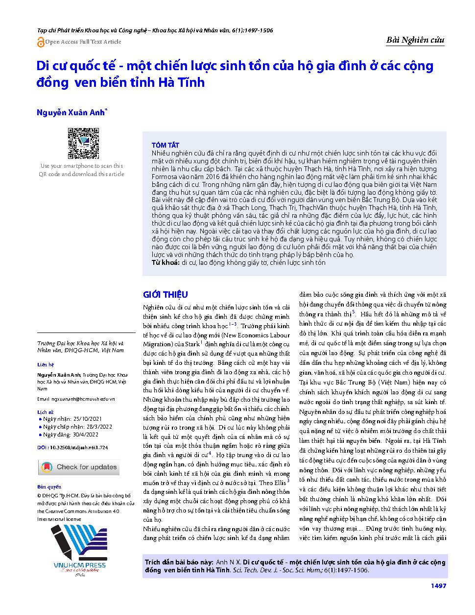 Di cư quốc tế - một chiến lược sinh tồn của hộ gia đình ở các cộng đồng ven biển tỉnh Hà Tĩnh = International migration - a household survival strategy in coastal communities in Ha Tinh province