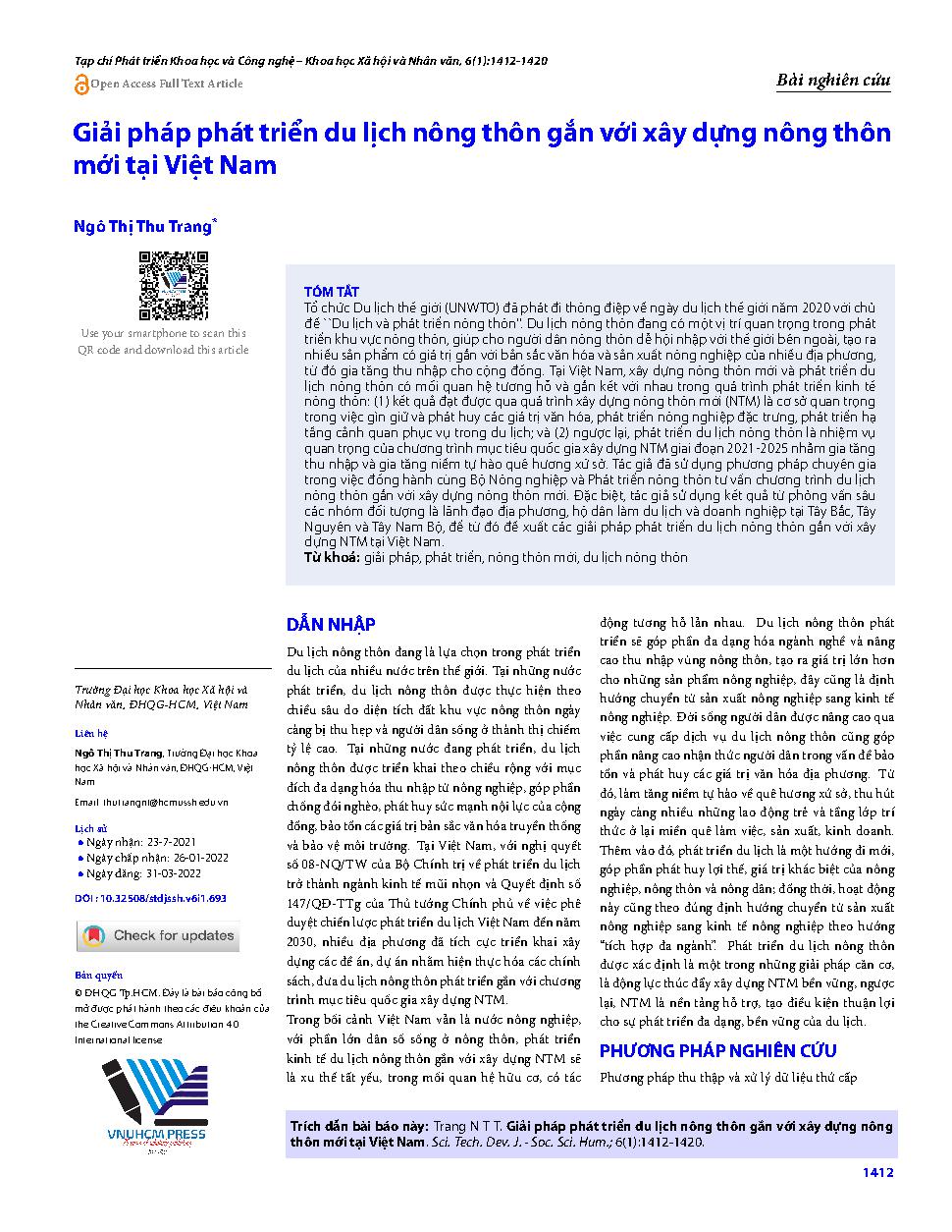Giải pháp phát triển du lịch nông thôn gắn với xây dựng nông thôn mới tại Việt Nam = The solutions to develop the rural tourism with the national target program of building the new rural construction in Vietnam