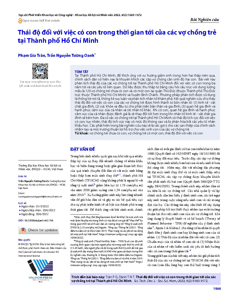 Thái độ đối với việc có con trong thời gian tới của các vợ chồng trẻ tại Thành phố Hồ Chí Minh = The attitude towards having children in the next time of young couples in Ho Chi Minh City