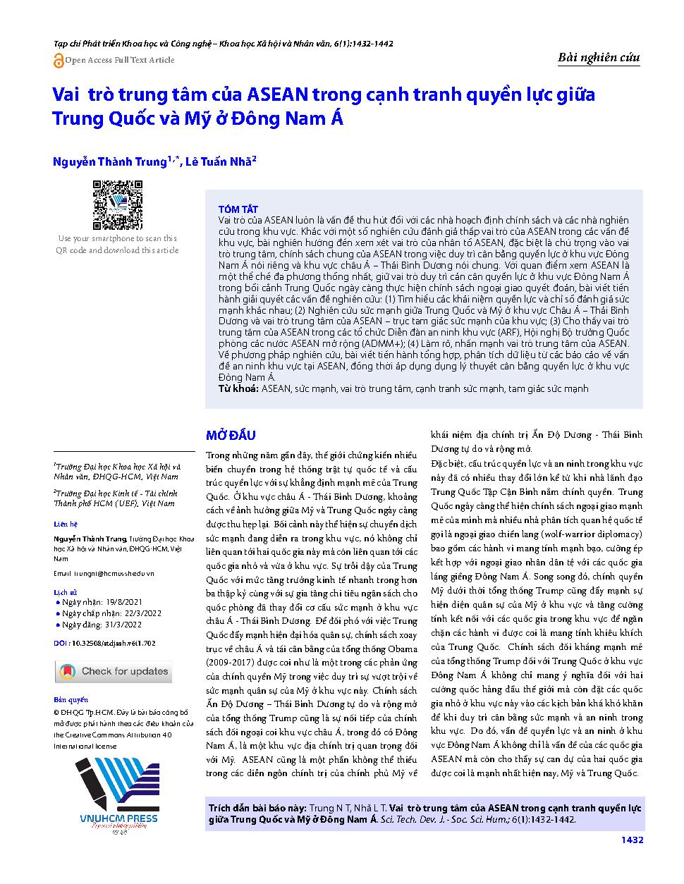 Vai trò trung tâm của ASEAN trong cạnh tranh quyền lực giữa Trung Quốc và Mỹ ở Đông Nam Á = ASEAN’s central role in power competition between China and the US in Southeast Asia