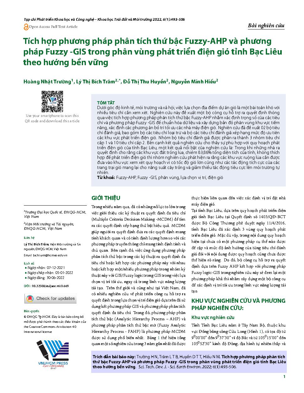 Tích hợp phương pháp phân tích thứ bậc Fuzzy-AHP và phương pháp Fuzzy -GIS trong phân vùng phát triển điện gió tỉnh Bạc Liêu theo hướng bền vững = Integrating Fuzzy-AHP and Fuzzy-GIS method in zoning wind power development in Bac Lieu province towards sus