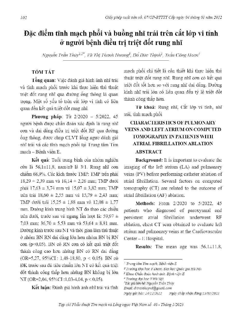 Đặc điểm tĩnh mạch phổi và buồng nhĩ trái trên cắt lớp vi tính ở người bệnh điều trị triệt đốt rung nhĩ = Characteristics of pulmonary \tins and left atrium on c omputed Tomography in patients with atrial fibrillation ablation