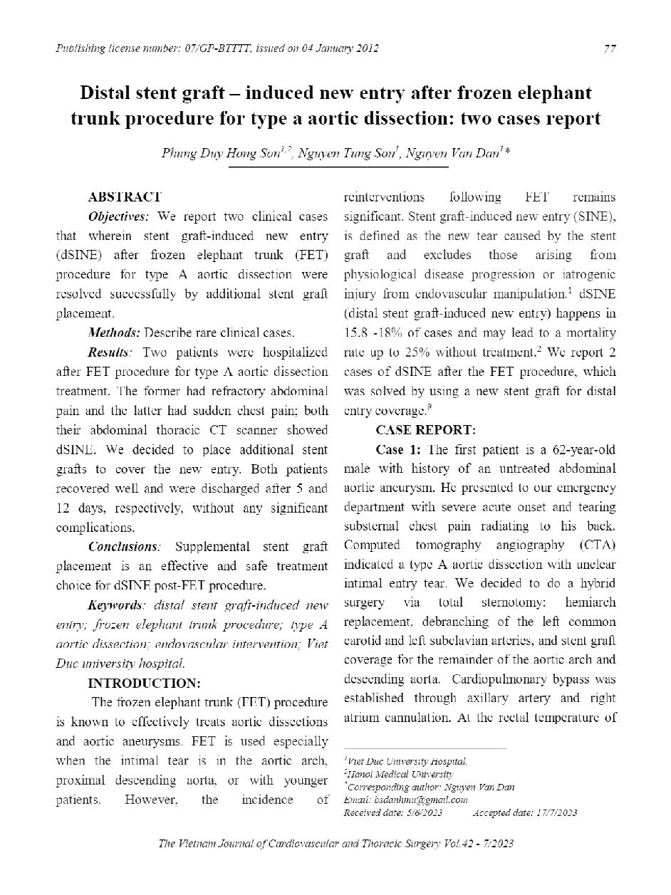 Đặt stent đầu xa – tạo ra lối vào mới sau thủ thuật ống vòi voi đông lạnh cho loại bóc tách động mạch chủ: báo cáo hai trường hợp = Distal stent graft – induced new entry after frozen elephant trunk procedure for type a aortic dissection: two cases report