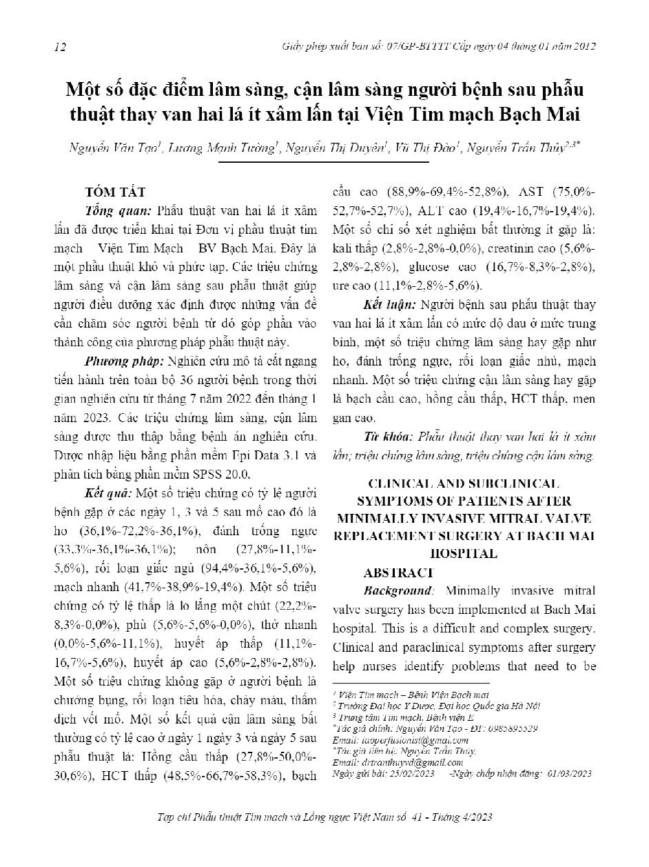 Một số đặc điểm lâm sàng, cận lâm sàng người bệnh sau phẫu thuật thay van hai lá ít xâm lấn tại Viện Tim mạch Bạch Mai = Clinical and subclinical symptoms of patients after minimally invasive mitral valve replacement surgery at Bach Mai hospital