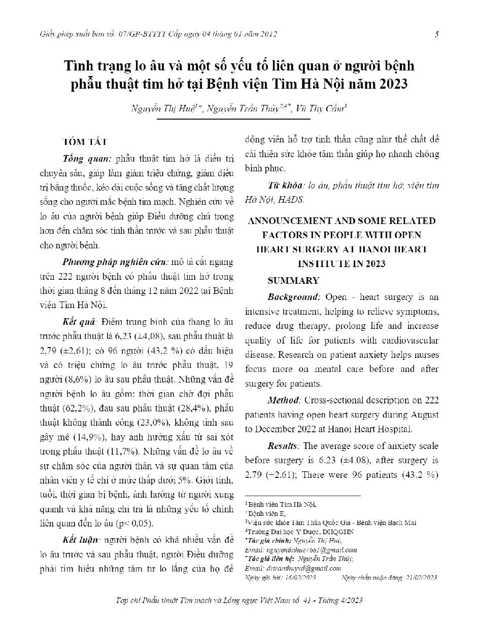 Tình trạng lo âu và một số yếu tố liên quan ở người bệnh phẫu thuật tim hở tại bệnh viện tim hà nội năm 2023 = Announcement and some related factors in people with open Heart surgery at hanoi he art institute in 2023