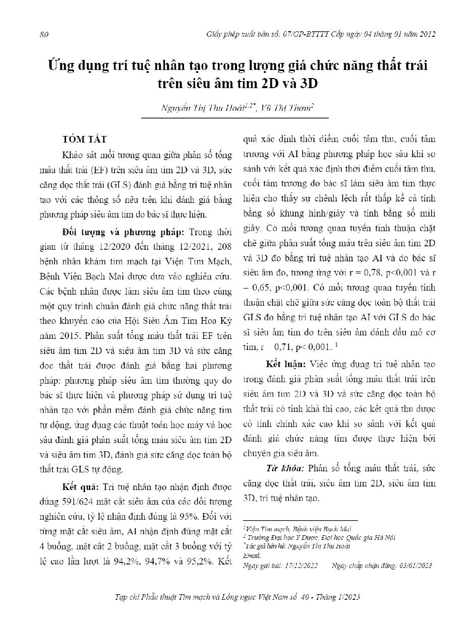 Ứng dụng trí tuệ nhân tạo trong lượng giá chức năng thất trái trên siêu âm tim 2D và 3D = Feasibility and accuracy of artificial intelligence for Automatic qualification of two- dimensional and three- Dimensional left ventricular ejection fraction and glo