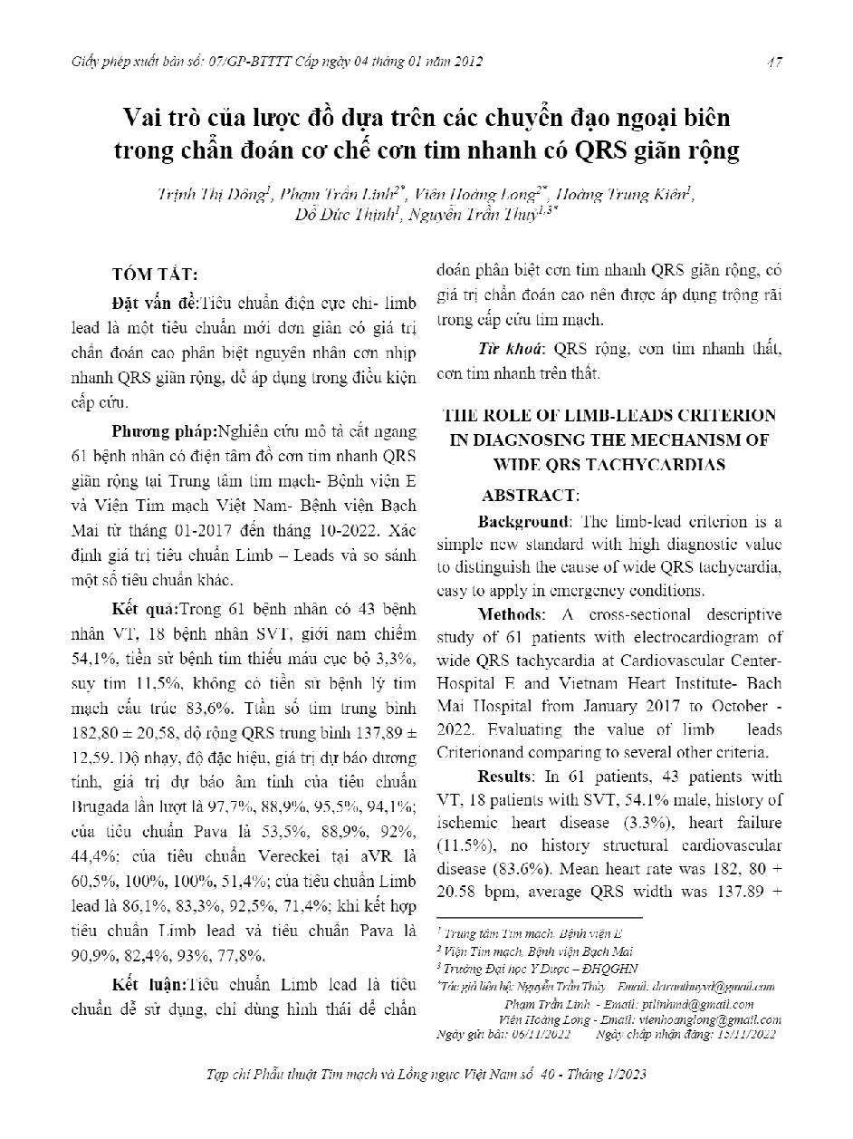 Vai trò của lược đồ dựa trên các chuyển đạo ngoại biên trong chẩn đoán cơ chế cơn tim nhanh có QRS giãn rộng = The role of limb-leads criterion in diagnosing the mechanism of Wide qrs tachycardias