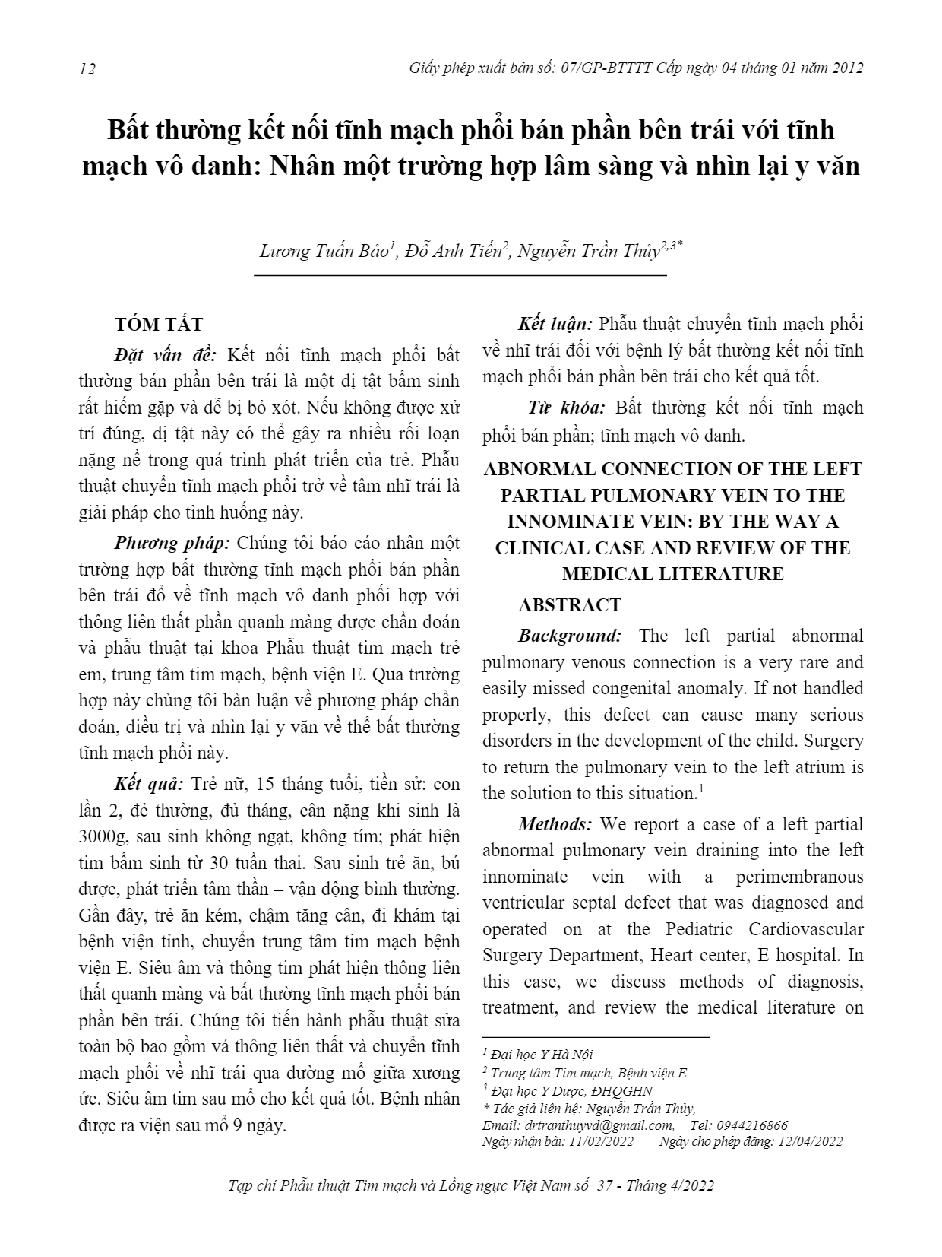 Bất thường kết nối tĩnh mạch phổi bán phần bên trái với tĩnh mạch vô danh: Nhân một trường hợp lâm sàng và nhìn lại y văn = Abnormal connection of the left partial pulmonary vein to the Innominate vein: by the way a clinical case and review of the medical