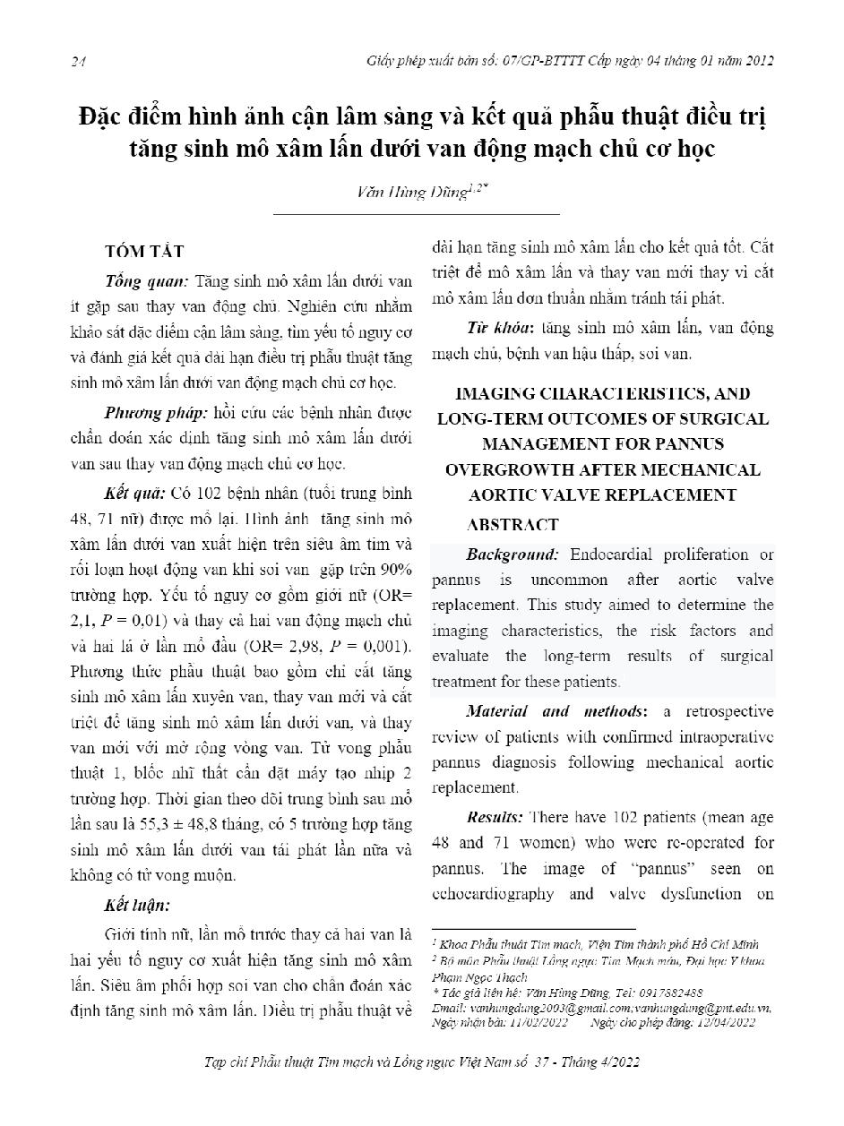 Đặc điểm hình ảnh cận lâm sàng và kết quả phẫu thuật điều trị tăng sinh mô xâm lấn dưới van động mạch chủ cơ học = Imaging characteristics, and long-term outcomes of surgical Management for pannus overgrowth after mechanical aortic valve replacement