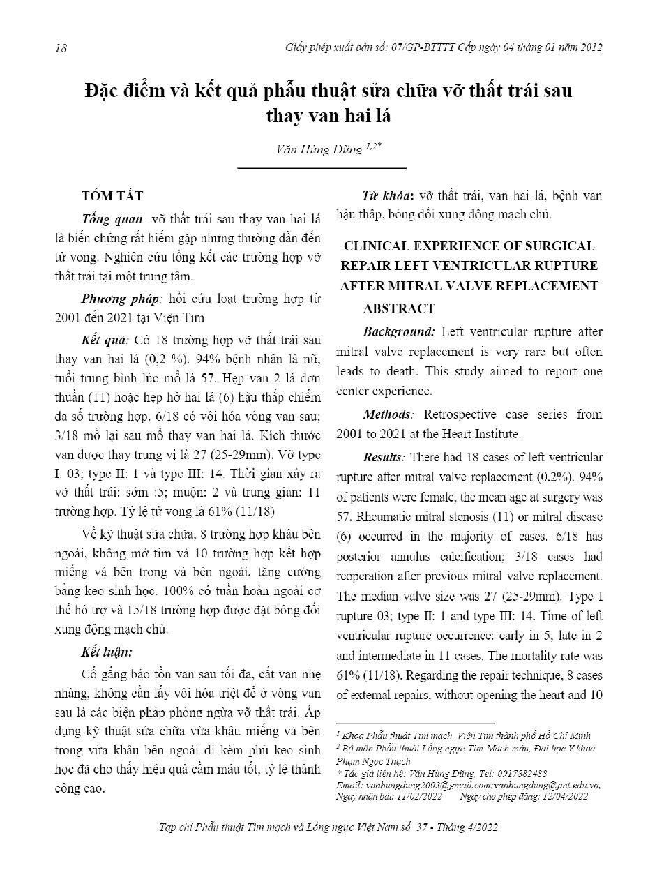 Đặc điểm và kết quả phẫu thuật sửa chữa vỡ thất trái sau thay van hai lá = Clinical experience of surgical repair left ventricular rupture After .mitral valve replacement