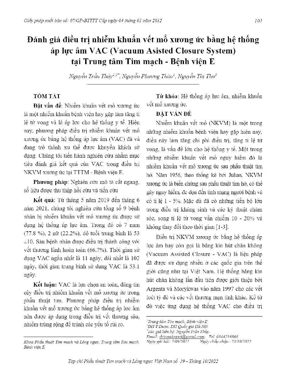 Đánh giá điều trị viêm xương ức bằng hệ thống áp lực âm (VAC) tại Trung tâm Tim mạch, Bệnh viện E = Evaluation of treatment of sternal inflammation by negative pressure system (VAC) at Cardiology Center, E Hospital