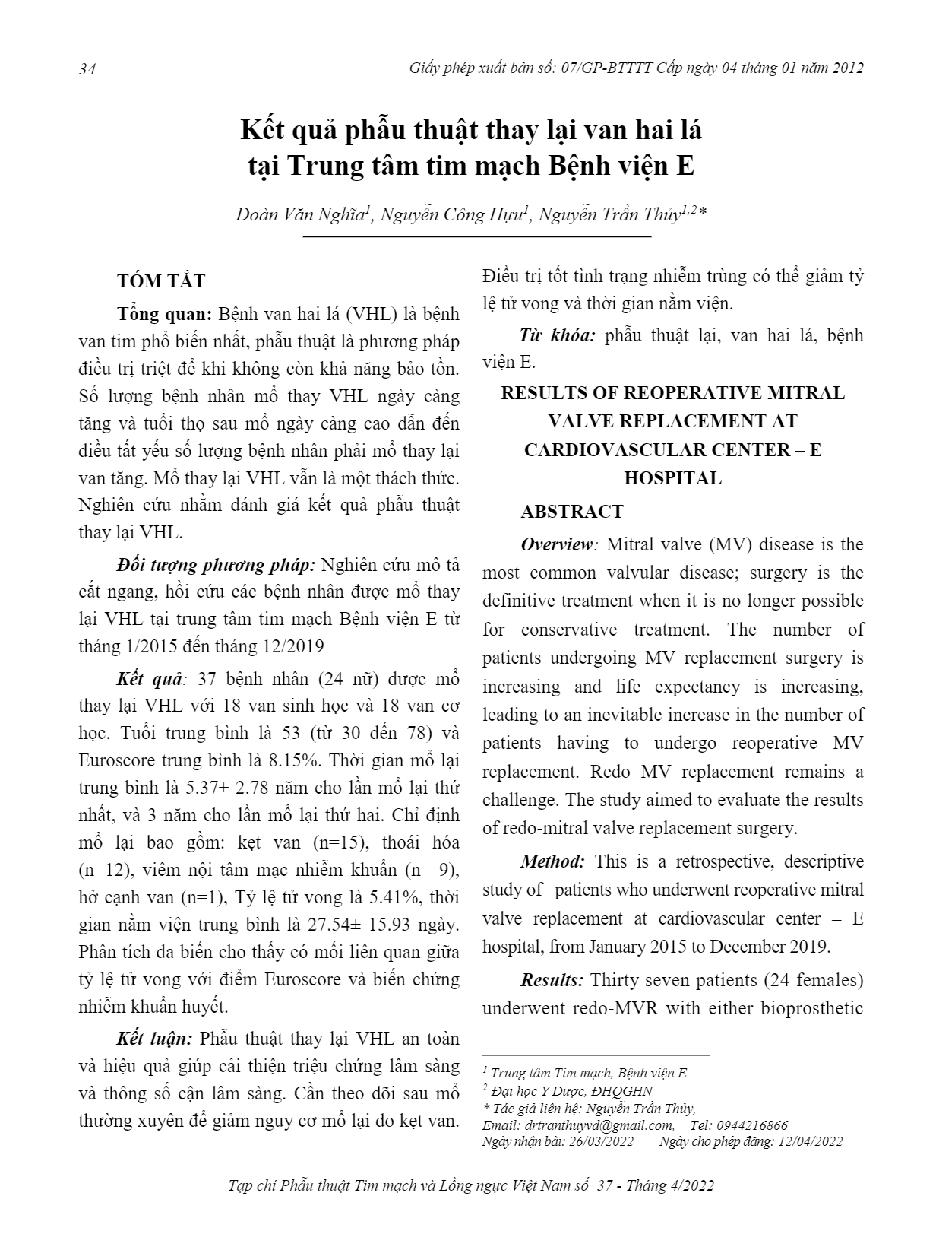 Kết quả phẫu thuật thay lại van hai lá tại Trung tâm tim mạch Bệnh viện E = Results of reoperative mitral valve replacement at cardiovascular center – E hospital