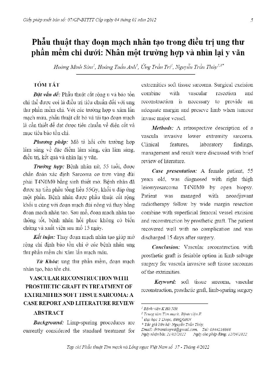 Phâu thuật thay đoạn mạch nhân tạo trong điêu trị ung thư phân mêm chi dưới: Nhân một trường hợp và nhìn lại y văn = Vascular reconstruction with prosthetic graft in treatment of Extremities soft tissue sarcoma: a case report and literature review