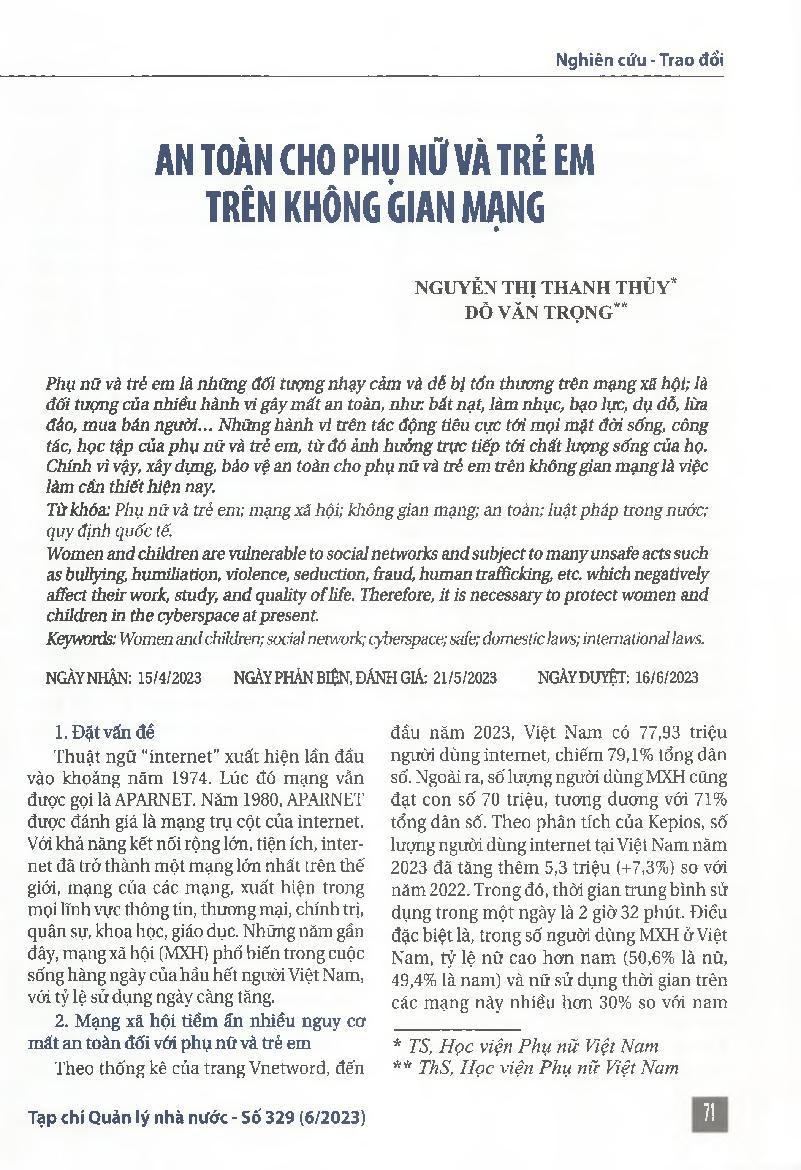 An toàn cho phụ nữ và trẻ em trên không gian mạng = Safety for women and children in cyberspace