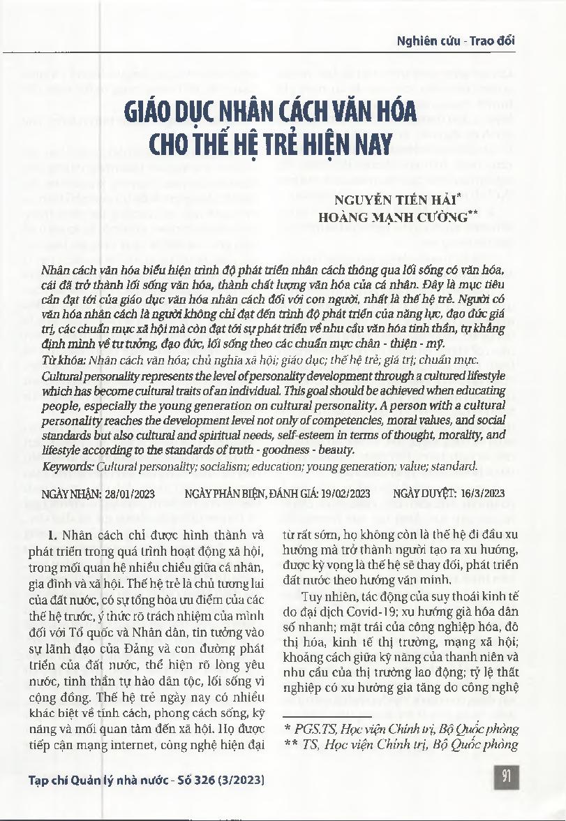 Giáo dục nhân cách văn hóa cho thế hệ trẻ hiện nay = Educating young generation on cultural personality at present