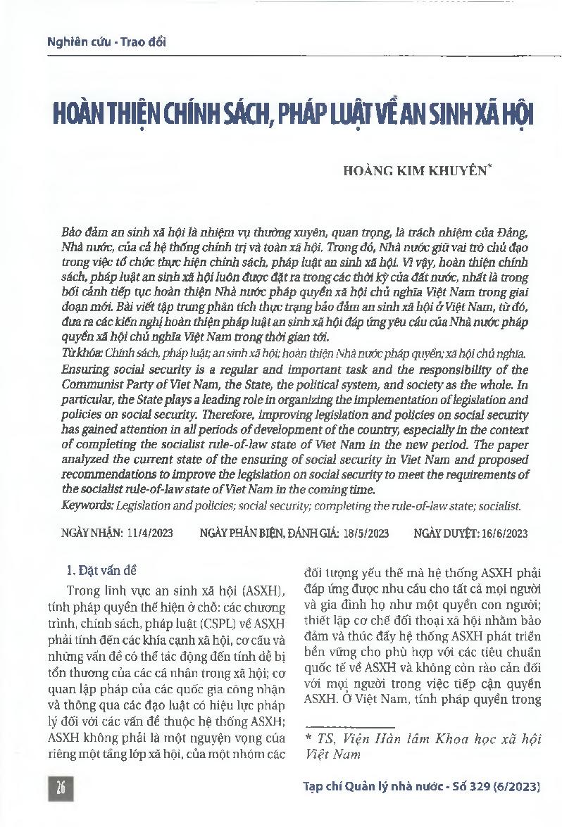 Hoàn thiện chính sách, pháp luật về an sinh xã hội = Complete policies and laws on social security