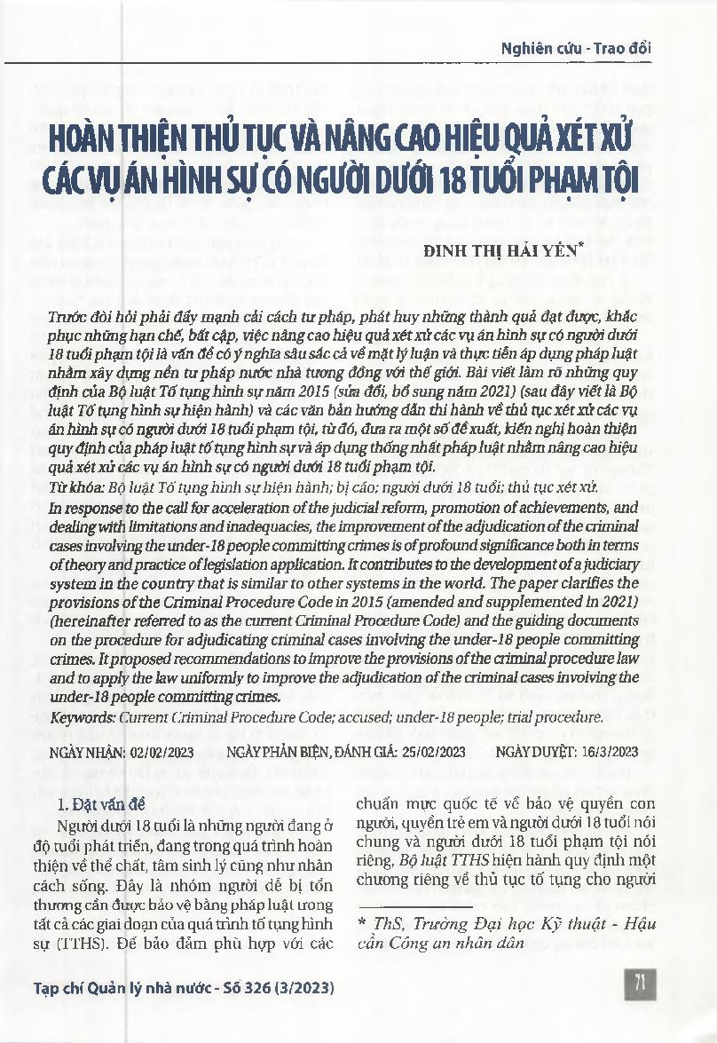 Hoàn thiện thủ tục và nâng cao hiệu quả xét xử các vụ án hình sự có người dưới 18 tuổi phạm tội = Completing procedures and improving the adjudication of the criminal cases involving the under-18 people committing crimes