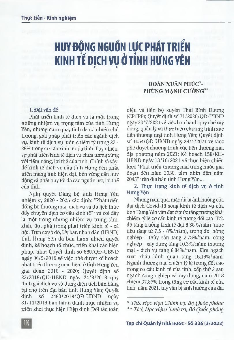 Huy động nguồn lực phát triển kinh tế dịch vụ ở tỉnh Hưng Yên = Mobilizing resources to develop service economy in Hung Yen province