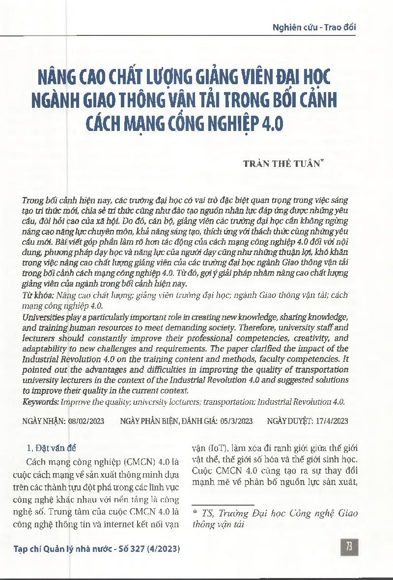 Nâng cao chất lượng giảng viên đại học ngành Giao thông vận tải trọng bối cảnh cách mạng công nghiệp 4.0 = Improving the quality of university lecturers in the field of Transport in the context of the 4.0 industrial revolution