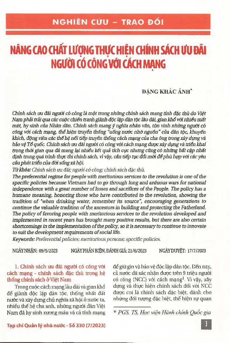 Nâng cao chất lượng thực hiện chính sách ưu đãi người có công với cách mạng = Improve the quality of implementing preferential policies for people with meritorious services to the revolution