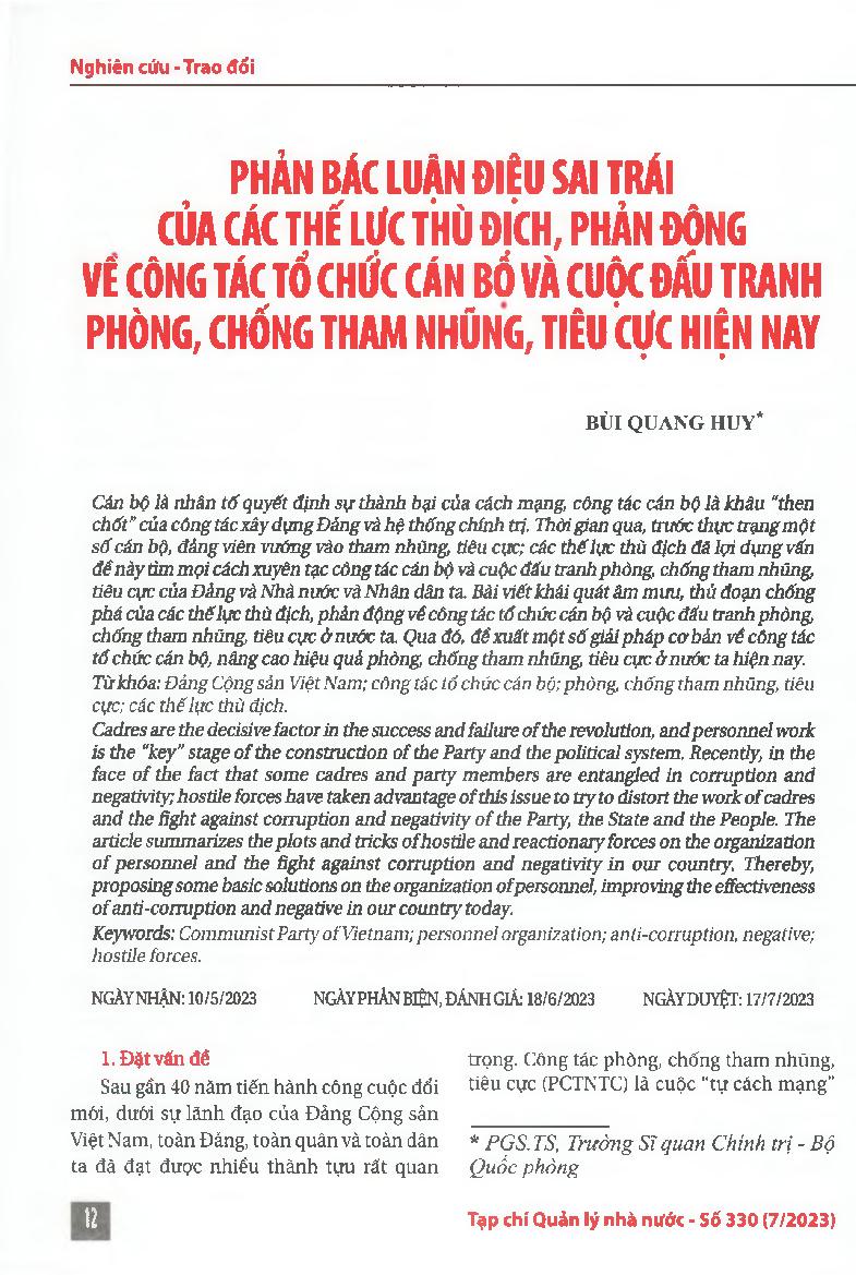 Phản bác luận điệu sai trái của các thế lực thù địch, phản động về công tác tổ chức cán bộ và cuộc đấu tranh phòng, chống tham nhũng, tiêu cực hiện nay = Refute the false allegations of hostile and reactionary forces regarding the organization of personne