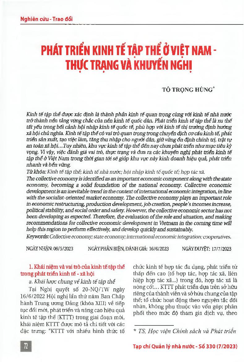 Phát triển kinh tế tập thể ở Việt Nam - thực trạng và khuyến nghị = Collective economic development in Vietnam - current situation and recommendations