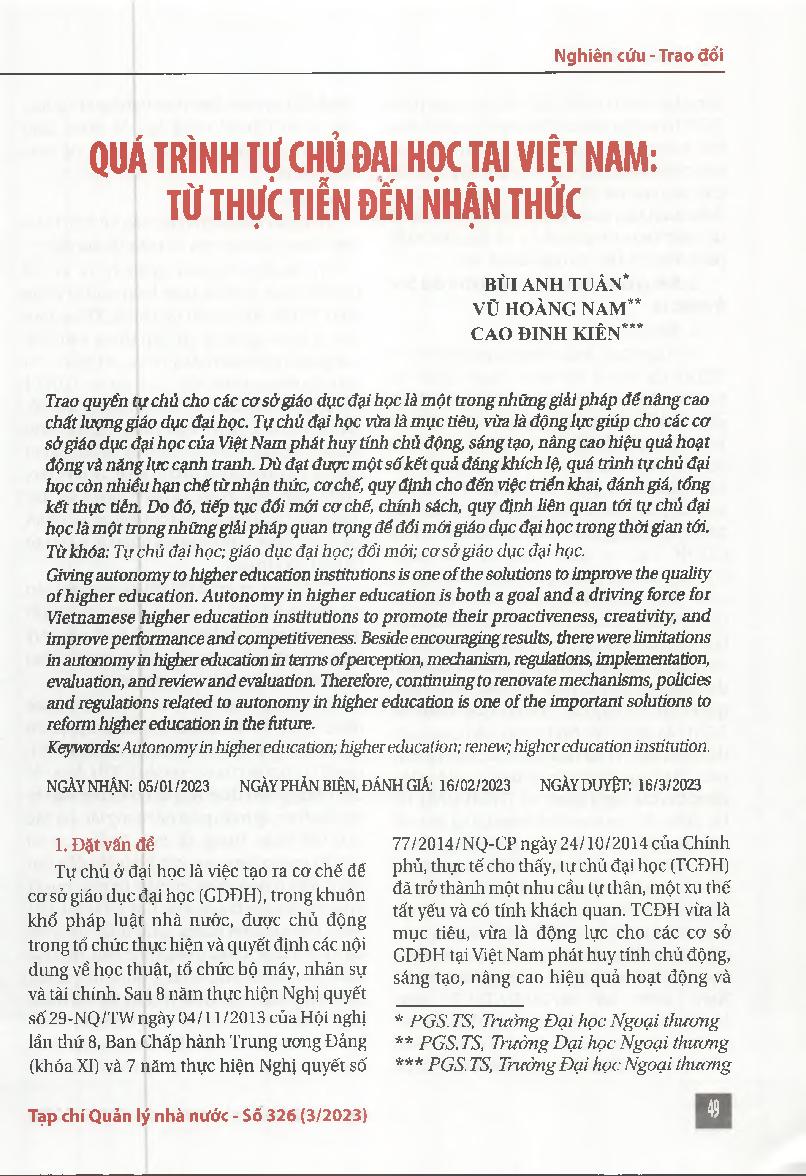 Quá trình tự chủ đại học tại Việt Nam: từ thực tiễn đến nhận thức = Autonomy in higher education in Viet Nam: from practice to conception
