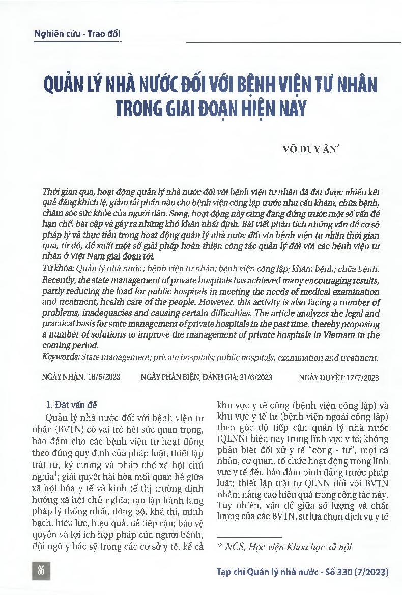 Quản lý nhà nước đối với bệnh viện tư nhân trong giai đoạn hiện nay = State management of private hospitals in the current period