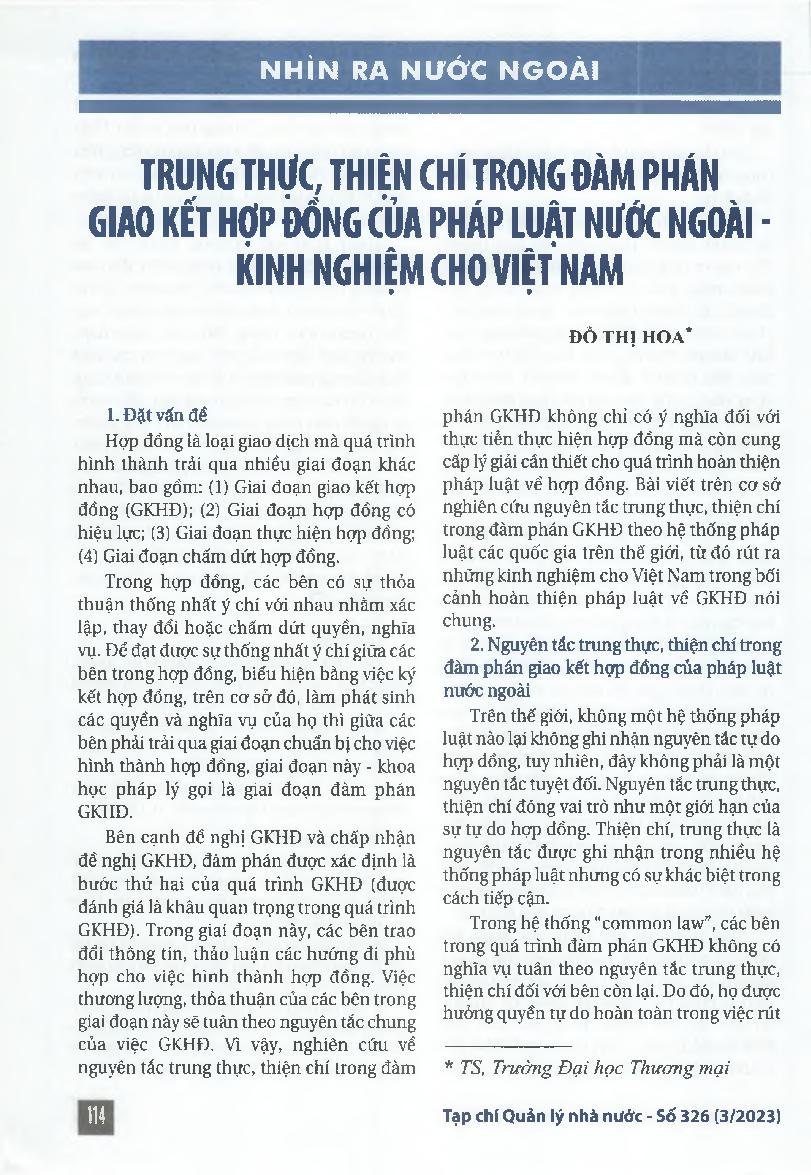 Trung thực, thiện chí trong đàm phán giao kết hợp đồng của pháp luật nước ngoài - kinh nghiệm cho Việt Nam = Honesty, goodwill in contract negotiations specified in the foreign laws - experience for Viet Nam