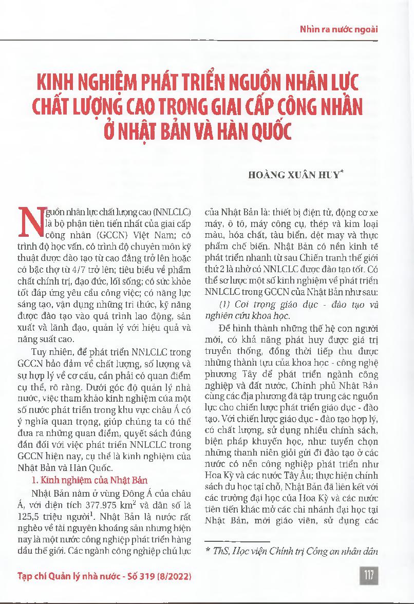 Kinh nghiệm phát triển nguồn nhân lực chất lượng cao trong giai cấp công nhân ở Nhật Bản Và Hàn Quốc