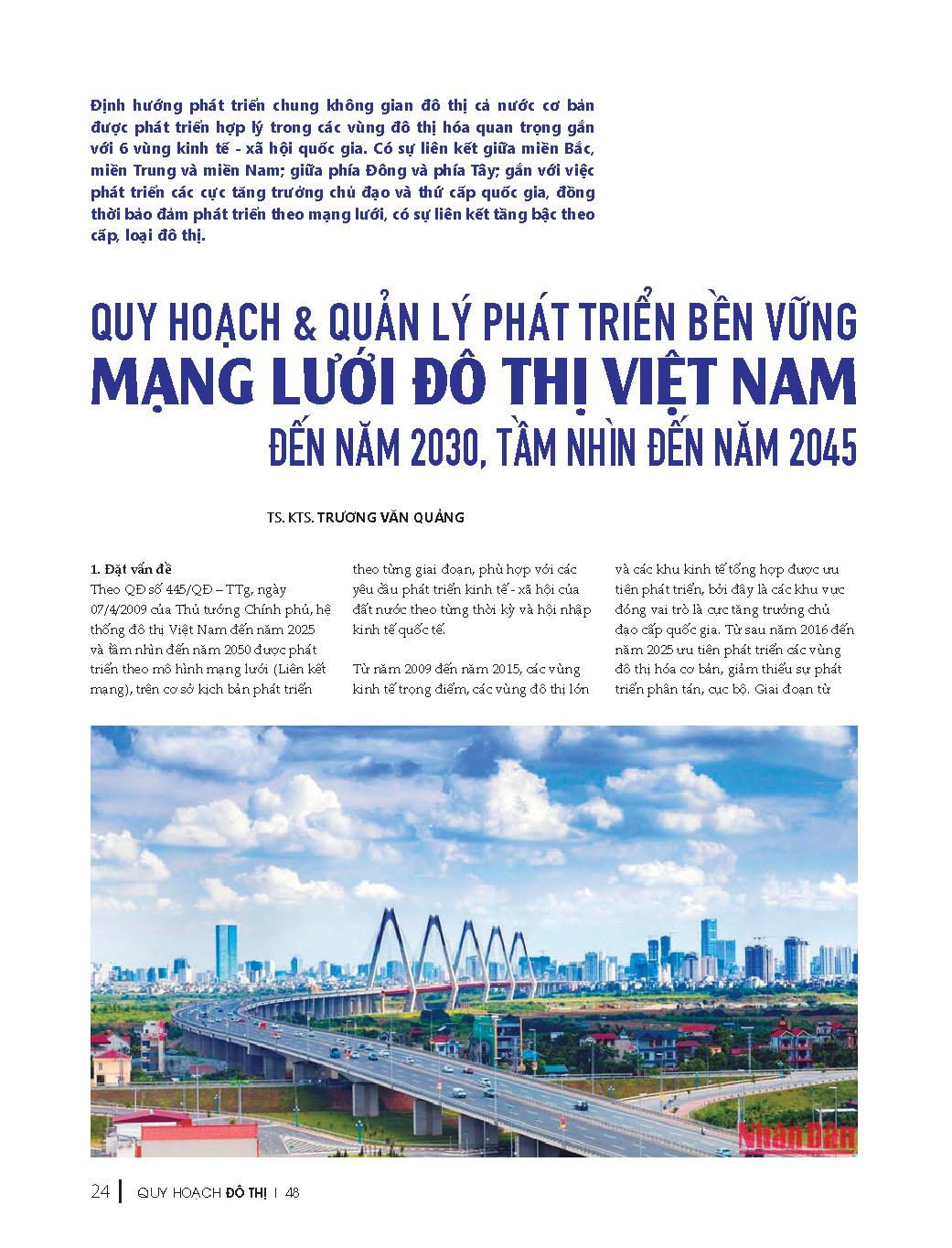 Quy hoạch và quản lý phát triển bền vững mạng lưới đô thị Việt Nam đến năm 2030, tầm nhìn đến 2045