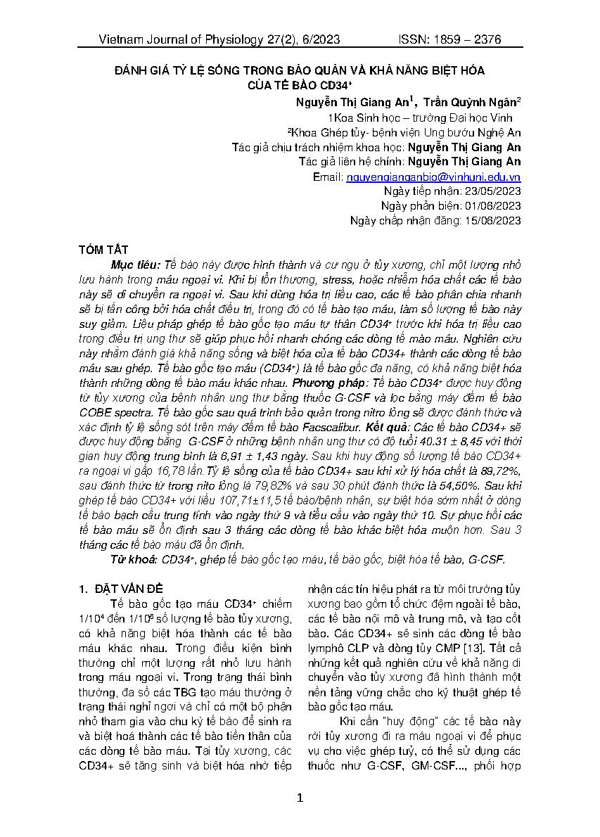 Đánh giá tỷ lệ sống trong bảo quản và khả năng biệt hóa của tế bào CD34+