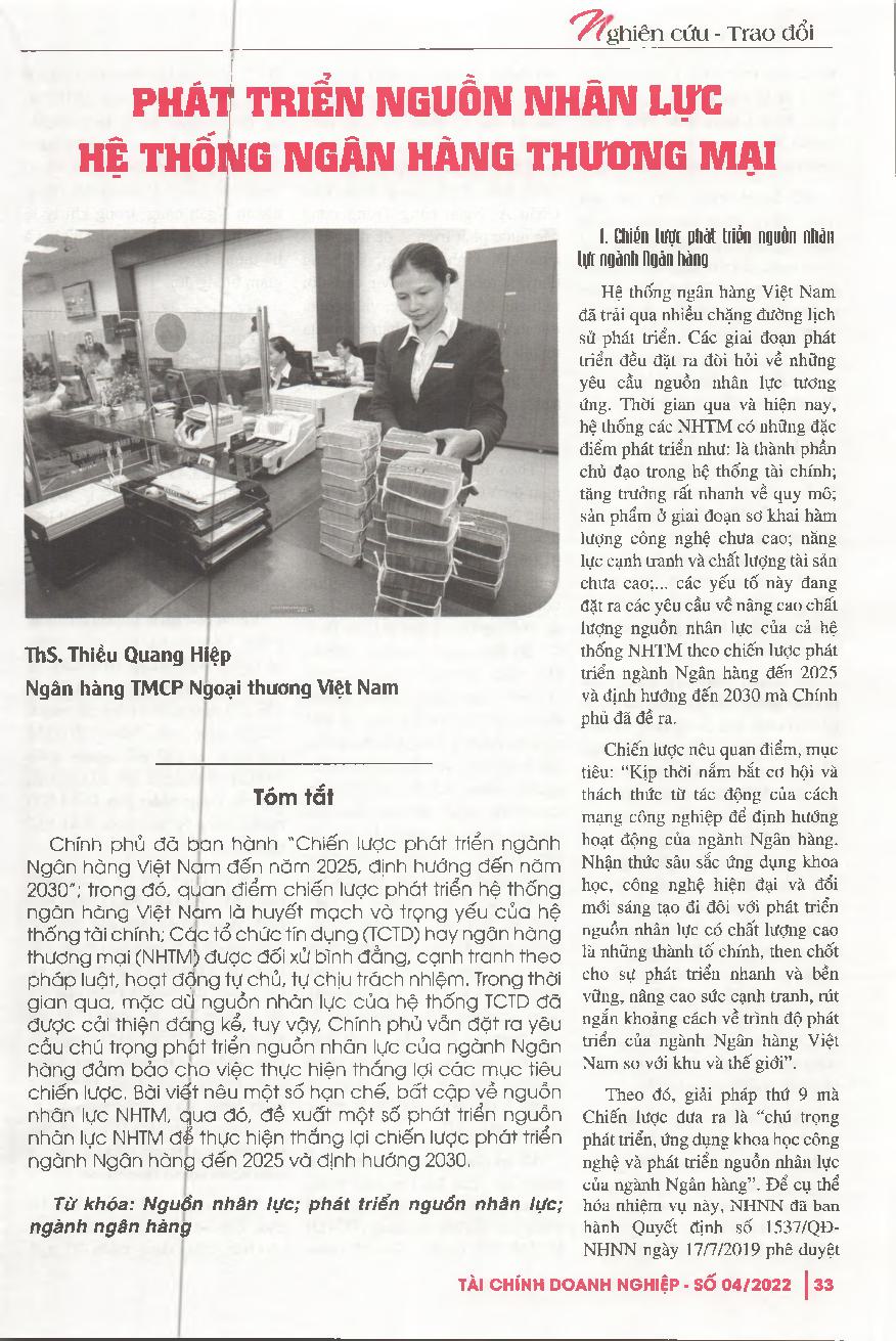 Phát triển nguồn nhân lực hệ thống ngân hàng = Developing human resources of the banking system