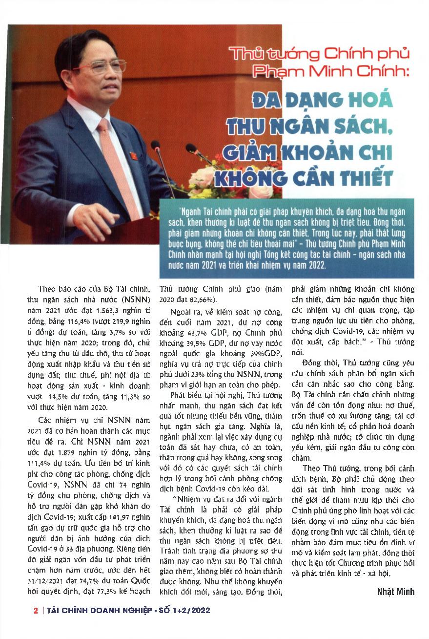 Thủ tướng Chính phủ Phạm Minh Chính: Đa dạng hóa thu ngân sách, giảm khoản chi không cần thiết = Prime Minister Pham Minh Chinh: Diversify budget revenue, reduce unnecessary spending