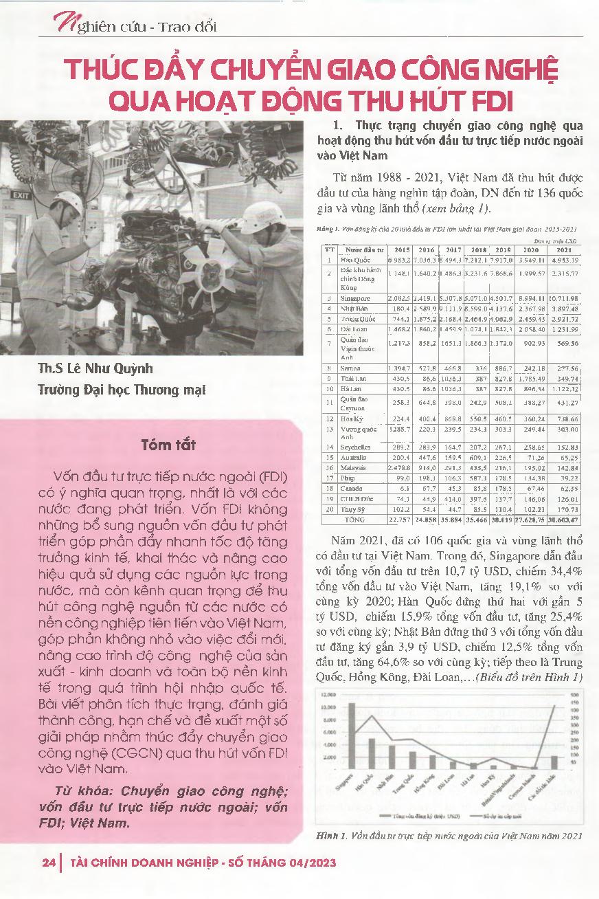 Thúc đẩy chuyển giao công nghệ qua hoạt động thu hút FDI = Promote technology transfer through FDI attraction activities