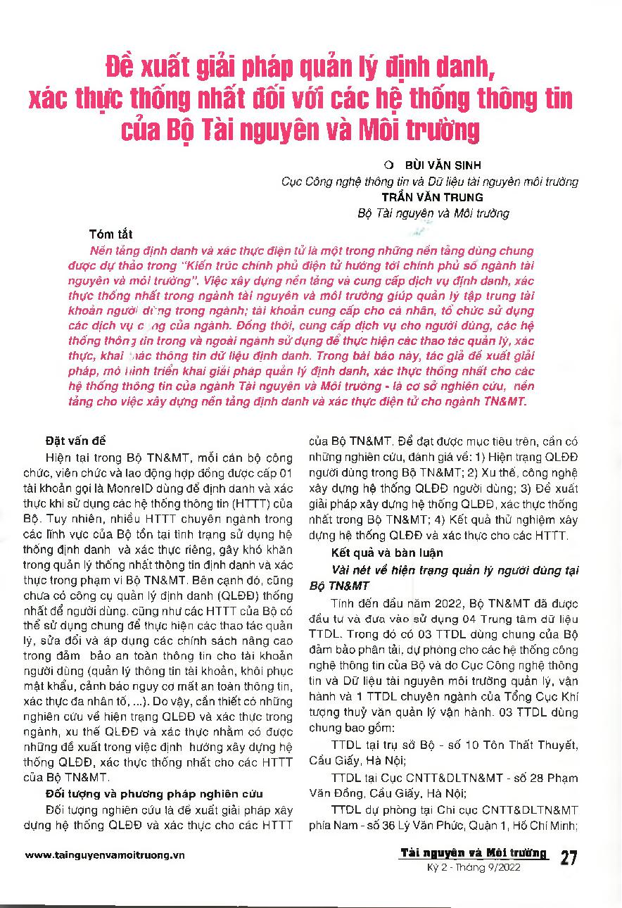 Đề xuất giải pháp quản lý định danh, xác thục thống nhất đối với các hệ thống thông tin cùa Bộ Tài nguyên và Môi trường