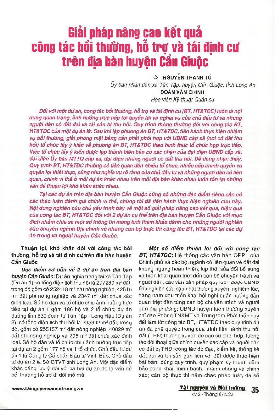 Giải pháp nâng cao kết quả công tác bồi thường, hỗ trợ và tái định cư trên địa bàn huyện cần Giuộc