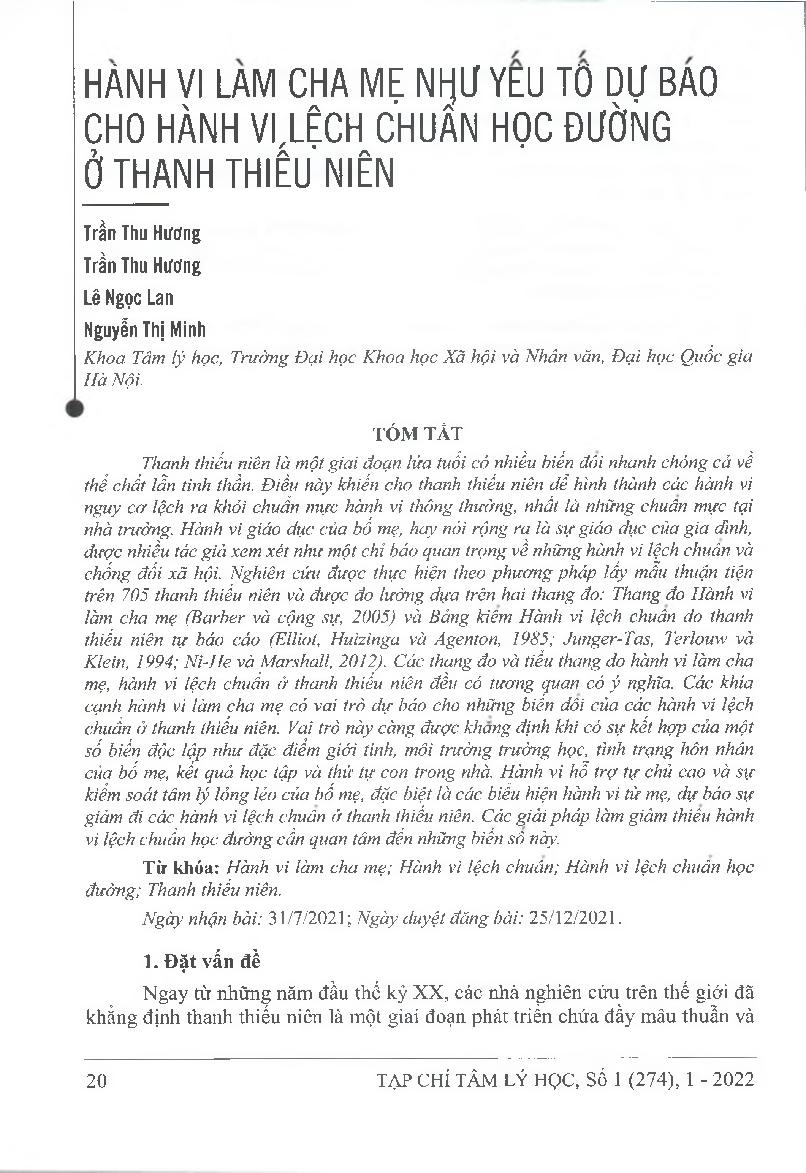 Hành vi làm cha mẹ như yếu tố dự báo cho hành vi lệch chuẩn học đường ở thanh thiếu niên = Parenting behavior as predictor for school deviant behavior in adolescents