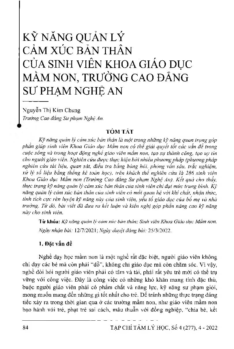 Kỹ năng quản lý cảm xúc bản thân của sinh viên khoa giáo dục mầm non, trường Cao đẳng Sư phạm Nghệ An = Self-emotional management skills in early childhood education students