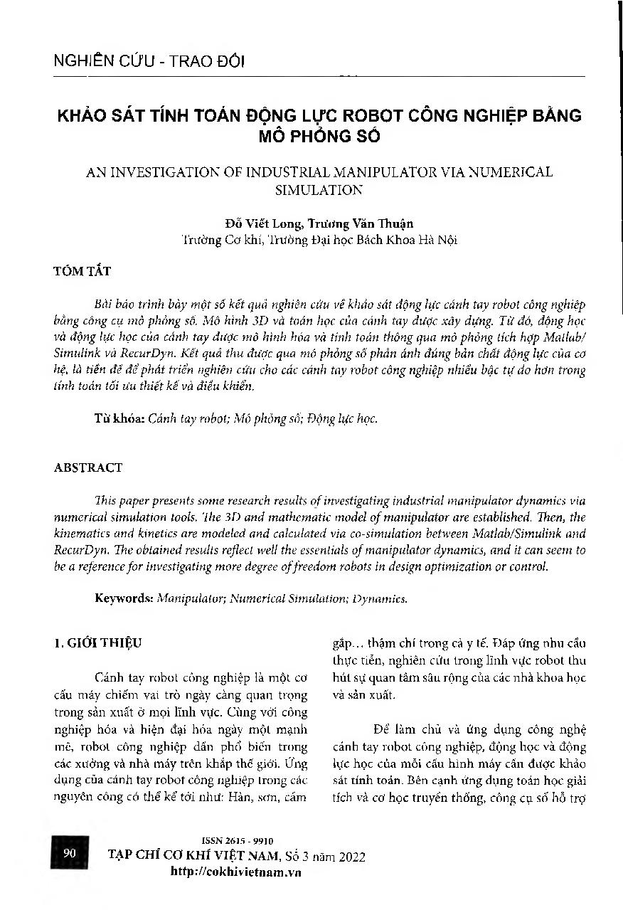 Khảo sát tính toán động lực robot công nghiệp bằng mô phỏng số = An investigation of industrial manipulator via numerical simulation