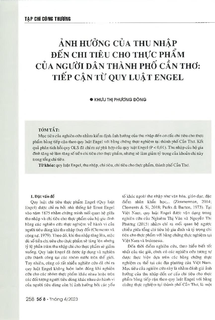 Ảnh hưởng của thu nhập đến chi tiêu cho thực phẩm của người dân thành phố Cần Thơ: Tiếp cận từ quy luật Engel
