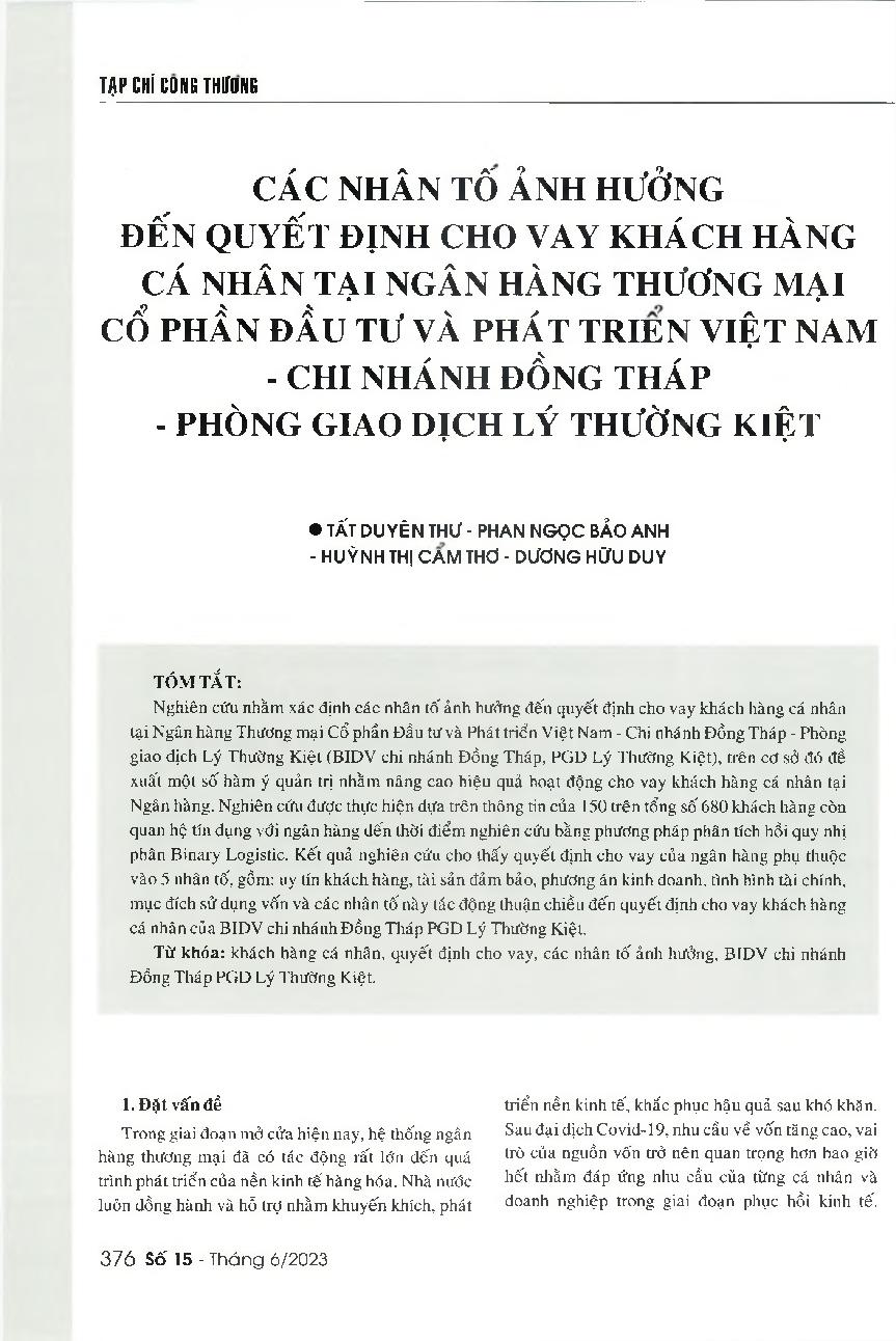 Các nhân tố ảnh hưởng đến quyết định cho vay khách hàng cá nhân tại Ngân hàng Thương mại cố phần Đầu tư và Phát triển Việt Nam - Chi nhánh Đồng Tháp - Phòng giao dịch Lý Thường Kiệt