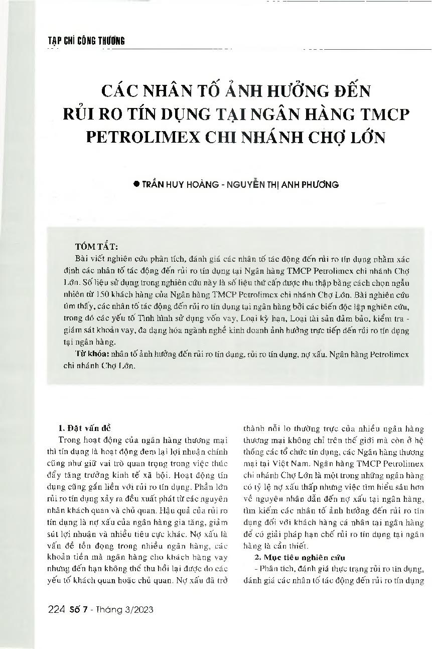 Các nhân tố ảnh hưởng đến rủi ro tín dụng tại Ngân hàng TMCP Petrolimex chi nhánh Chợ Lớn = Factors affecting the credit risk of Petrolimex Group Commercial Joint stock Bank - Cho Lon Branch