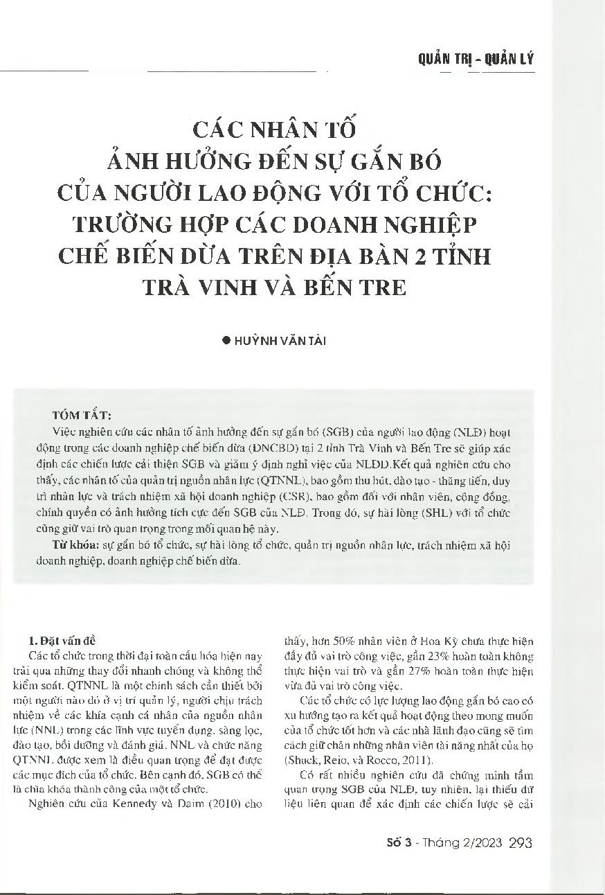 Các nhân tố ảnh hưởng đến sự gắn bó của người lao động với tổ chức: Trường hợp các doanh nghiệp chế biến dừa trên địa bàn hai tỉnh Trà Vinh và Bến Tre = Factors affecting the job commitment of employees working for coconut processing enterprises in Tra Vi